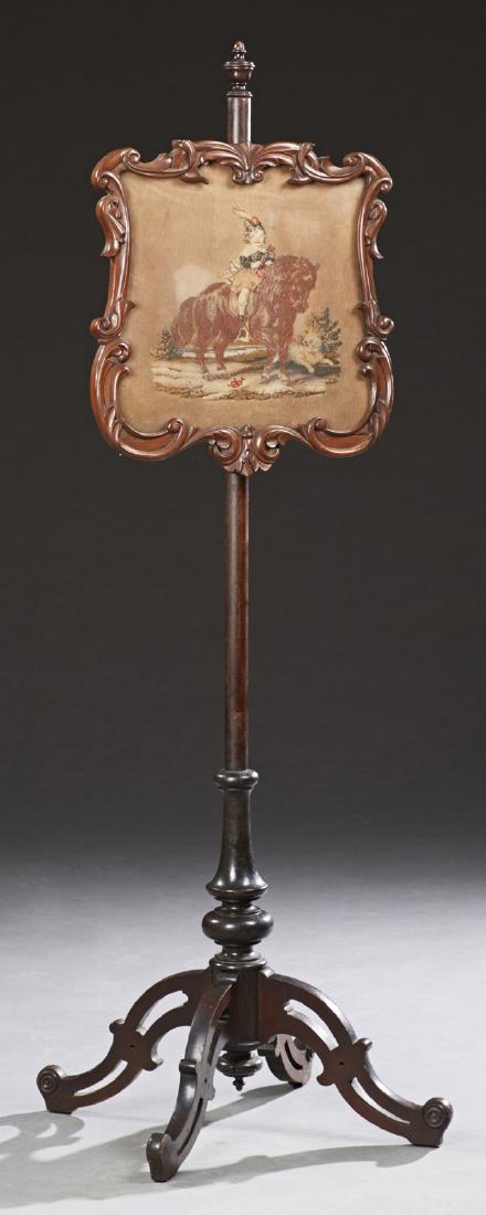English Victorian Carved Mahogany Pole Screen, mid 19th (1 of 1)