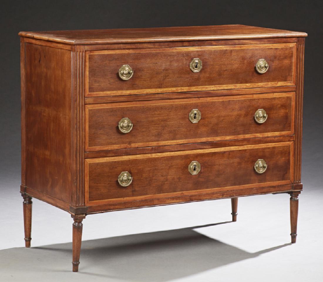 French Inlaid Mahogany Louis XVI Style Secretary: French Inlaid Mahogany Louis XVI Style Secretary Commode, early 20th c., the stepped top over a pullout fall front secretary with a leather inset writing surface in front of fitted drawers, over two d