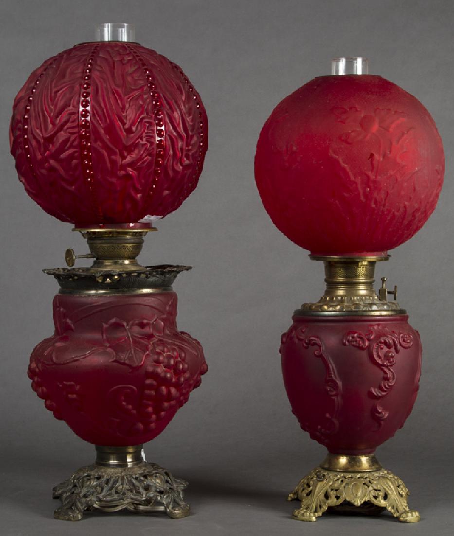 Pair of American Ruby Glass, Iron and Brass Oil Lamps, (1 of 1)