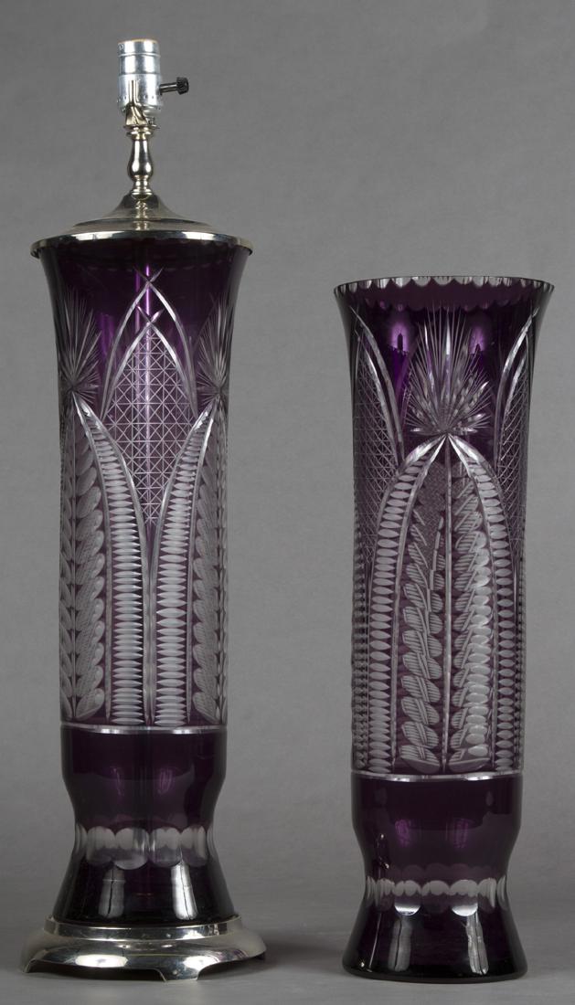 Pair of Large Violet Cut-to-Clear Glass Lamps, 20th c., (1 of 1)