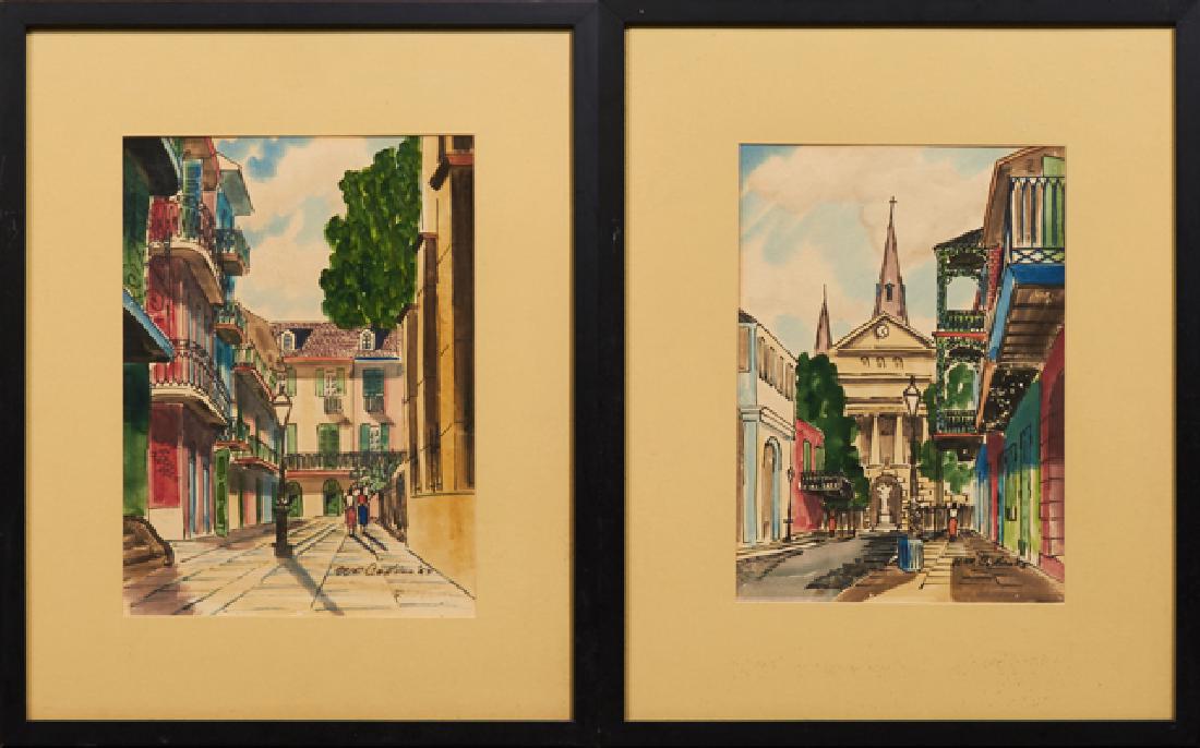 William Collins, "St. Louis Cathedral from Dumaine St.": William Collins, "St. Louis Cathedral from Dumaine St." 1953 and "Pirates Alley," 1952, pair of watercolors, both signed lower right, framed, (2 Pcs.) H.- 14 in., W.- 10 in. Provenance: The Sword & Pe