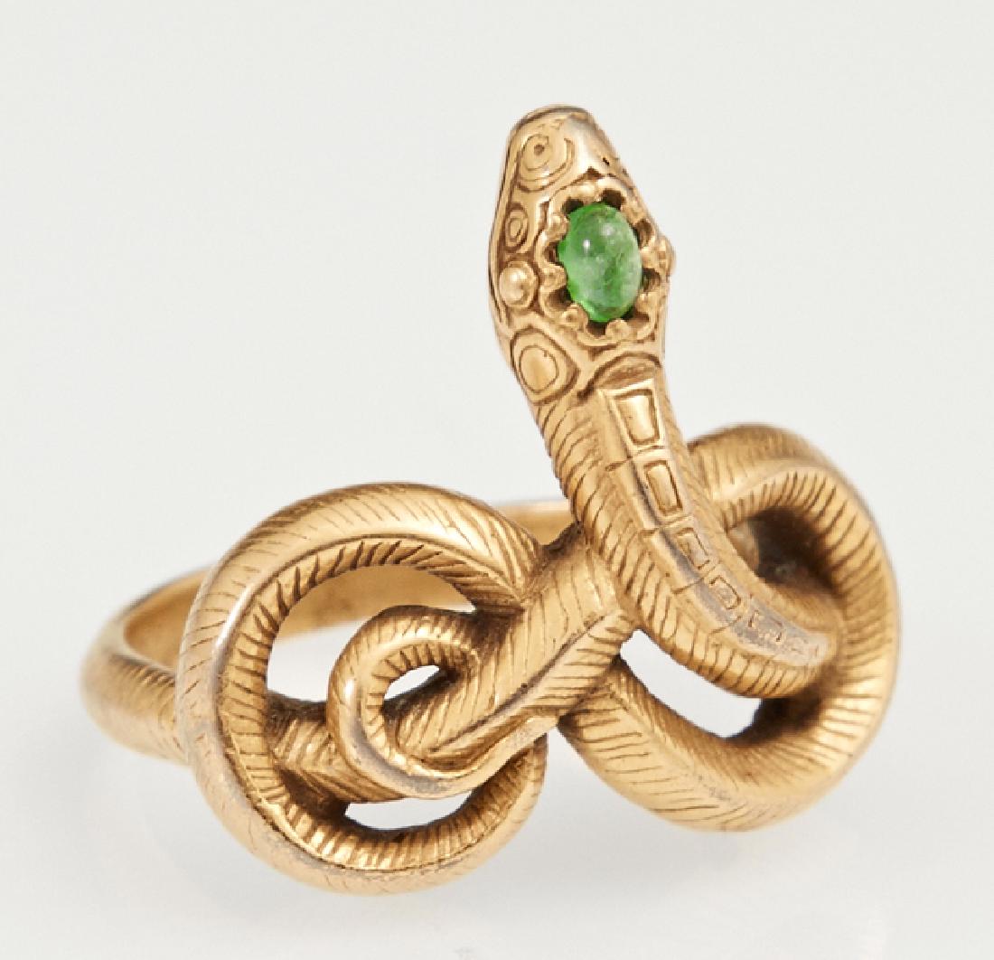 Antique 14K Yellow Gold Snake Ring, early 20th c., the: Antique 14K Yellow Gold Snake Ring, early 20th c., the head mounted with a cabochon oval emerald, Wt.- .14 Troy Oz., size 6, Provenance: Private collection, Daphne, AL.