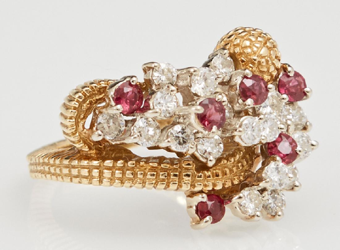 Lady's 18K Yellow Gold Snake Ring, c. 1960, mounted: Lady's 18K Yellow Gold Snake Ring, c. 1960, mounted with six round 10 point rubies, and 18 round 5 point diamonds; total ruby weight: .6 cts, total diamond weight: .9 cts, size 7. Provenance: Private