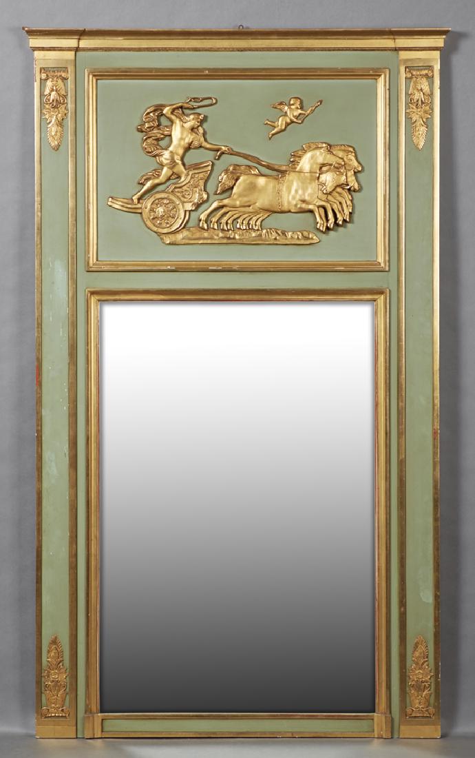 French Polychromed Gilt and Gesso Louis XV Style: French Polychromed Gilt and Gesso Louis XV Style Overmantle Mirror, late 19th c., the stepped breakfront top over a frieze with a classical warrior, a chariot and a winged putto, flanked by stiles wit