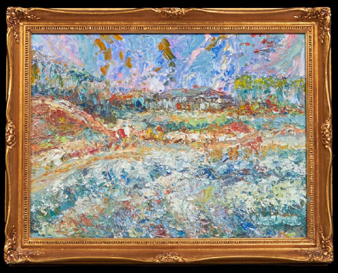 Jeanne Kruse Warner (Mississippi), "Driving Down the: Jeanne Kruse Warner (Mississippi), "Driving Down the Pali (Honolulu, Hawaii)," 1989, oil on canvas, signed lower left, presented in a gilt frame, title and dated verso, presented in a gilt frame. H.- 