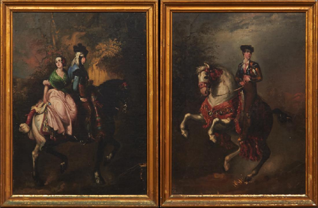 Continental School, "Couple on Horseback," and "Male on: Continental School, "Couple on Horseback," and "Male on Horseback," 19th c., pair of oils on canvas, presented in a gilt frame (2 Pcs), H.- 20 3/4 in., W.- 15 1/4 in.