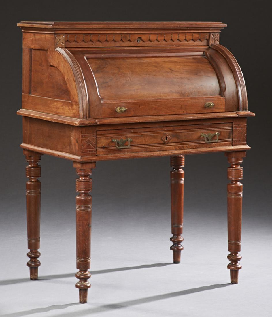 American Eastlake Carved Walnut Cylinder Lady's: American Eastlake Carved Walnut Cylinder Lady's Secretary, c. 1900, the stepped top over a cylinder lid opening to compartmented storage and a pull out writing slide, above an incised drawer, on ring