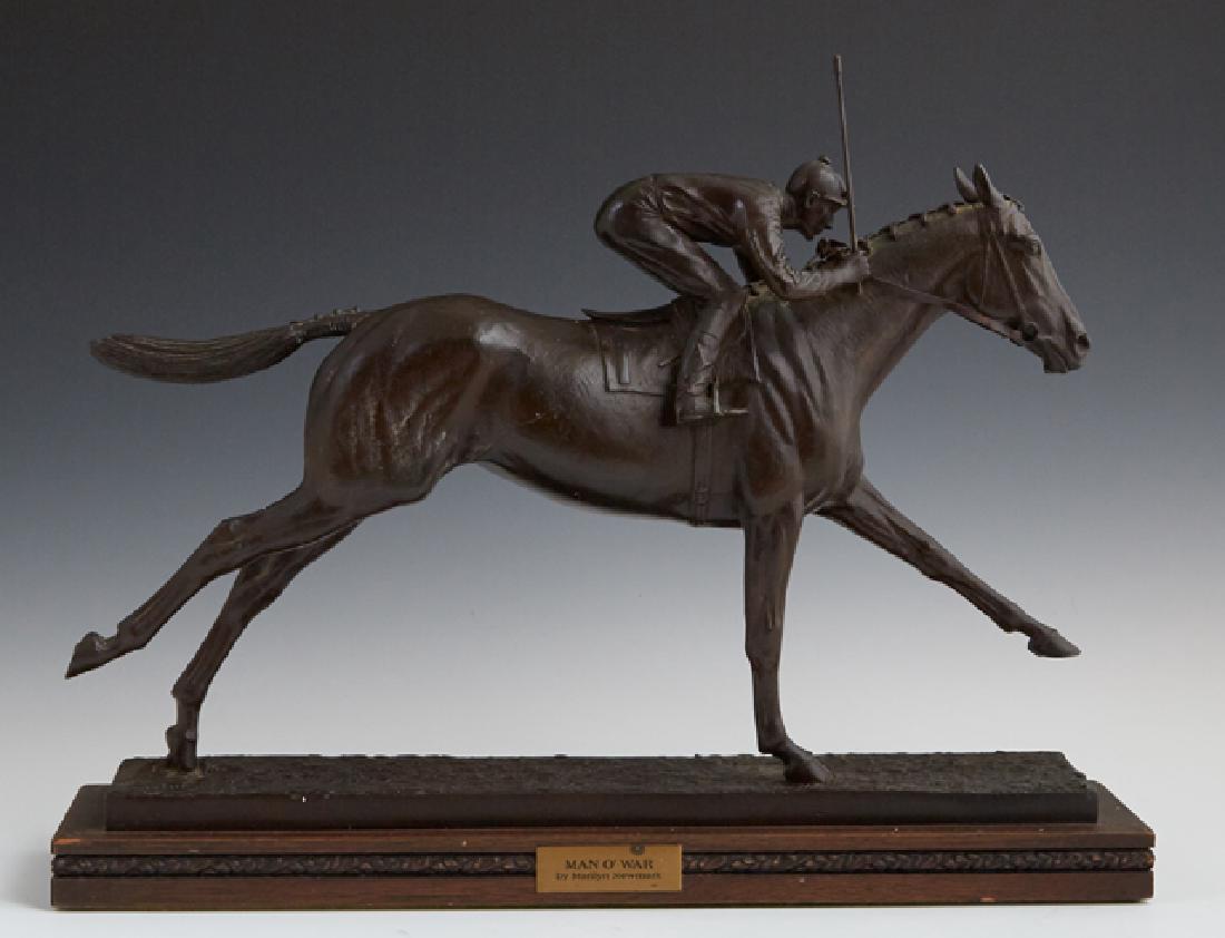 Marilyn Newmark (1928-2013), "Man O' War," 1970,: Marilyn Newmark (1928-2013), "Man O' War," 1970, patinated bronze, signed and dated left front corner of base, presented on a mahogany plinth, H.- 11 7/8 in., W.- 14 7/8 in., D.- 3 1/2 in. Provenance: