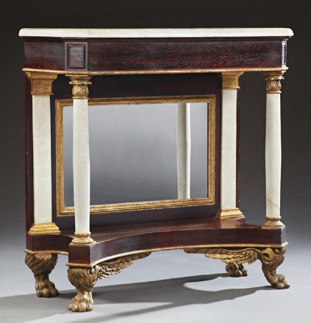 American Classical Revival Gilt Mahogany Marble Top: American Classical Revival Gilt Mahogany Marble Top Pier Table, 19th c., and later, the canted corner manmade white marble over a wide skirt, on cylindrical white manmade marble columns, and a rectang