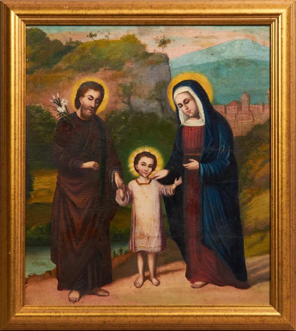Continental School, "The Holy Family," late 19th c.,: Continental School, "The Holy Family," late 19th c., oil on board, presented in a gilt frame. H.- 21 1/8 in., W.- 18 1/2 in.