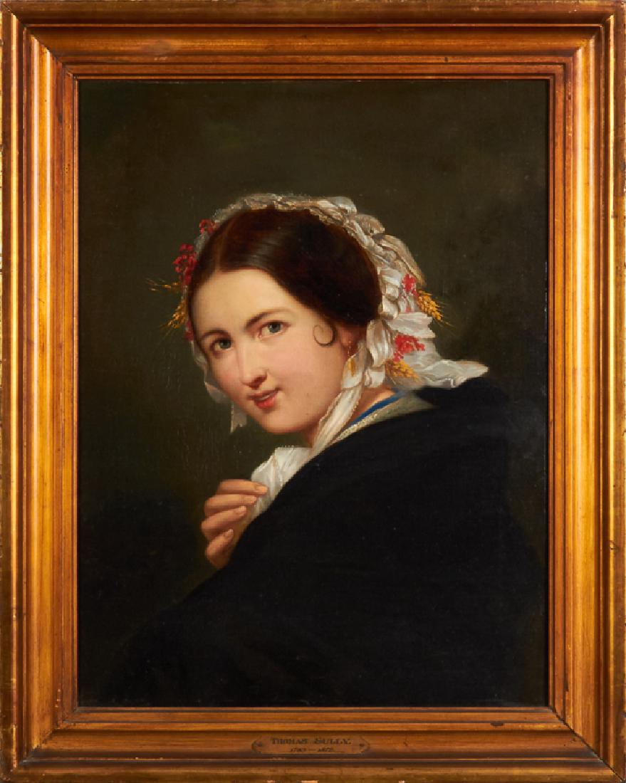 Thomas Sully (1783-1872, American), "Portrait of a: Thomas Sully (1783-1872, American), "Portrait of a Young Woman with Wheat and Flowers on her Bonnet," 1841, oil on canvas signed with the artist's cypher and dated right center, presented in a wide gi