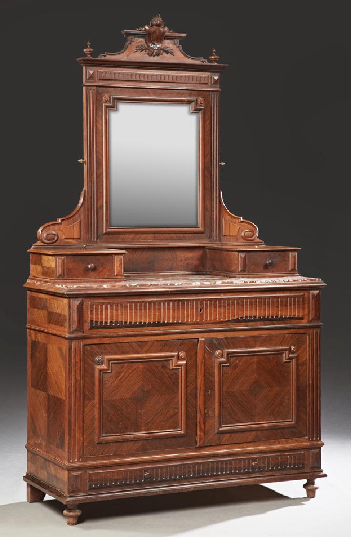Henri II Style Carved Mahogany Marble Top Dresser, 19th: Henri II Style Carved Mahogany Marble Top Dresser, 19th c., the carved crest over a beveled mirror within reeded stiles and scrolled supports, above two glove drawers, on a base with an inset highly f