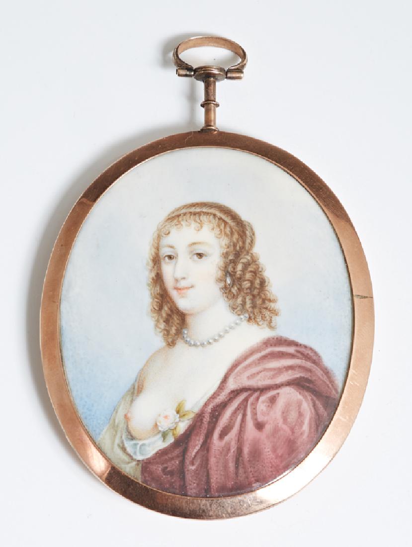 Continental School, "Portrait Miniature of a Woman with: Continental School, "Portrait Miniature of a Woman with a Bare Breast," 19th c., oil, presented in a gold plated and blue enamel frame, H.- 2 1/2 in., W.- 2 in.