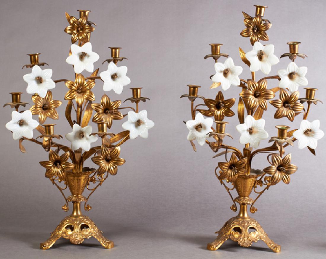 Pair of French Seven Light Gilt and Brass Candelabra,: Pair of French Seven Light Gilt and Brass Candelabra, c. 1870, in the form of opaline glass and brass flower filled urns, on socle supports to relief pierced gilt bases on four feet, H.- 24 1/2 in., W