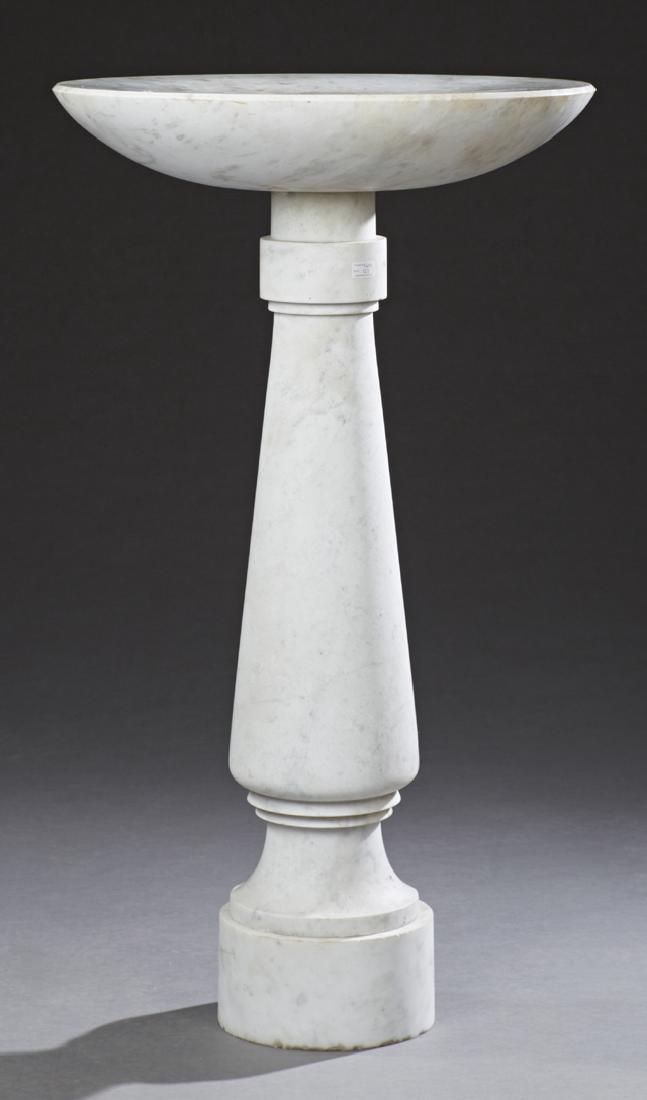 Unusual Circular White Marble Pedestal, 20th c., the: Unusual Circular White Marble Pedestal, 20th c., the circular top on a tapered column on a stepped base, H.- 42 in., Dia.- 26 in. Provenance: The Estates of Dr. and Mrs. David S. Miller, Baton Rouge,