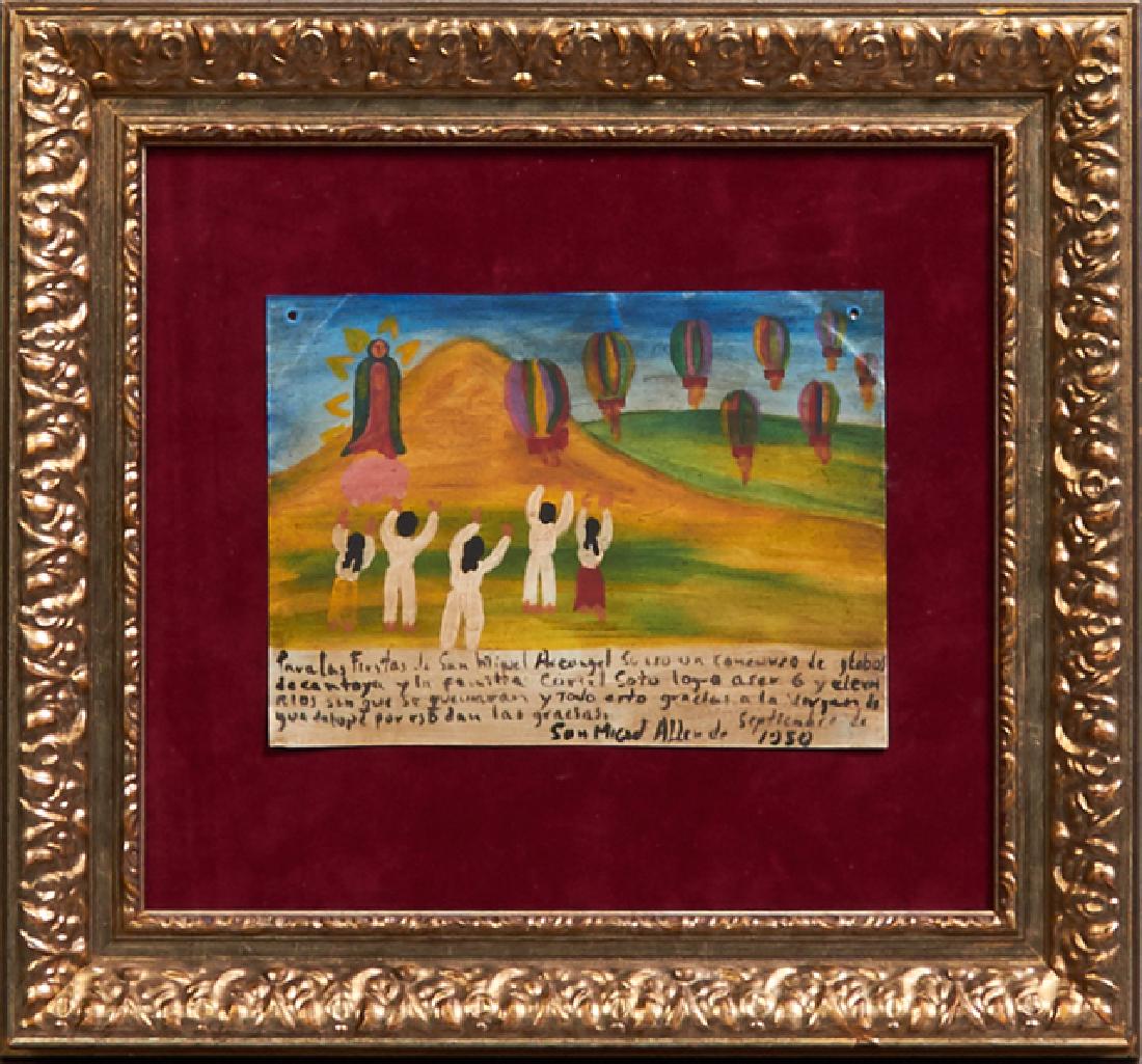 Mexican Retablo, 1950, oil on tin, giving thanks for: Mexican Retablo, 1950, oil on tin, giving thanks for the voyage of hot air balloons at the Fiesta de San Miguel Allende, presented in a gilt shadowbox frame, H.- 5 7/8 in., W.- 8 in.