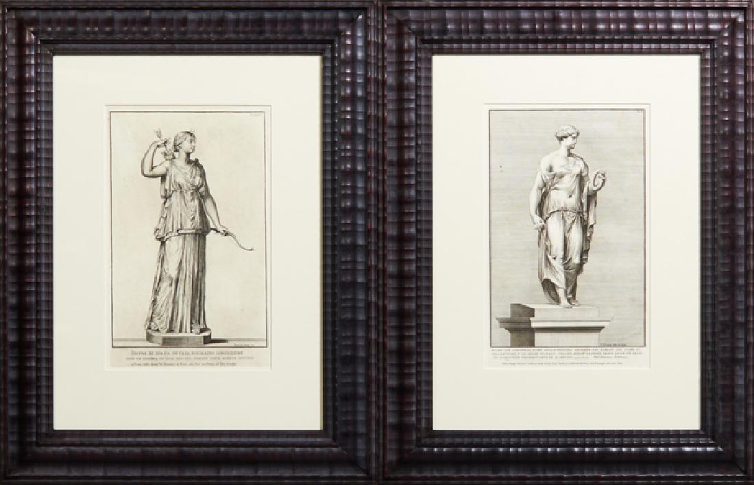 Franco de Poilly (1622-1693), "Statua Di Diana in Casa: Franco de Poilly (1622-1693), "Statua Di Diana in Casa D'Ignazio Consiglieri," and N. Dorigny (1657-1746), "Flora con Corona Di Fiori," 18th c., pair of copper engravings of marble statues, presented