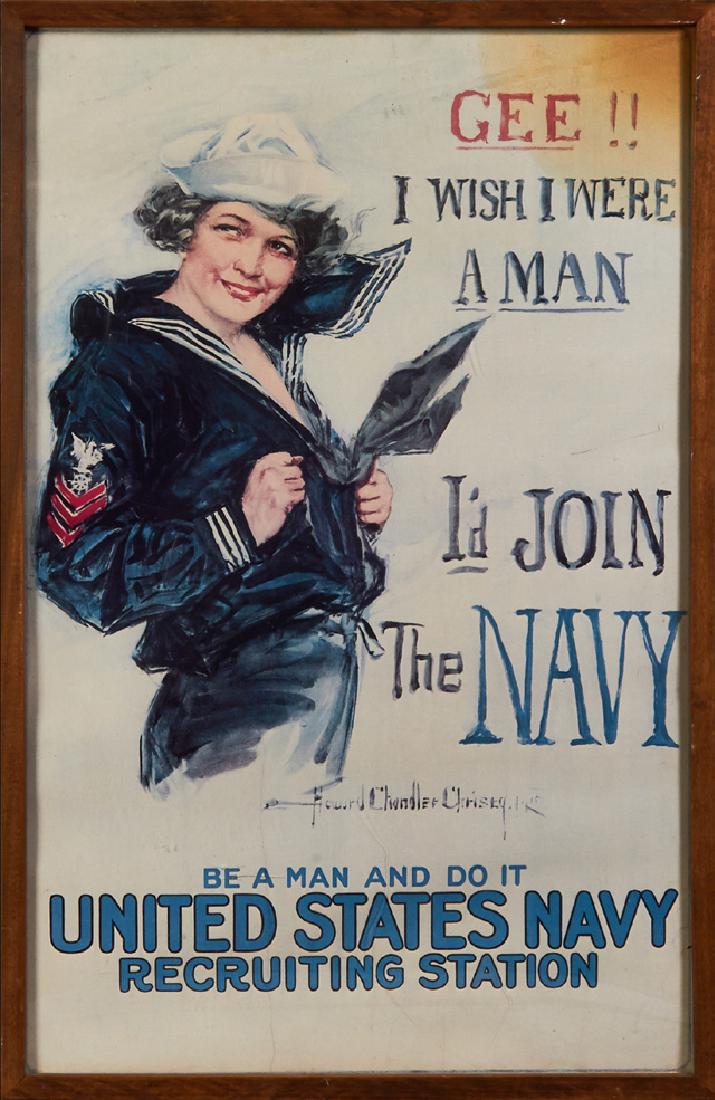 Howard Chandler Christy, "Gee I Wish I Were a Man," WWI: Howard Chandler Christy, "Gee I Wish I Were a Man," WWI Navy Recruiting Poster, presented in a wood frame, H.- 33 1/8 in., W.- 21 1/8 in.
