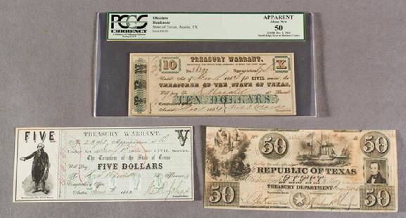 Group of Three Texas Treasury Notes, consisting of an: Group of Three Texas Treasury Notes, consisting of an 1840 $50 Republic of Texas note; an 1864 $10 Treasury Warrant, rated "About New" by PCGS; and an 1862 $5 Treasury Warrant. (3 Pcs.) Provenance: Th