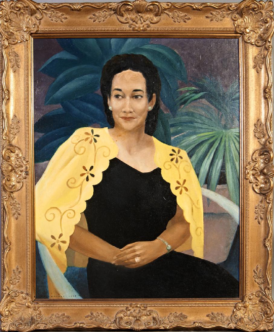 Dale Nichols (1904-1995, American), "Portrait of a: Dale Nichols (1904-1995, American), "Portrait of a Woman in a Bright Yellow Jacket," 1968, oil on canvas, signed and dated lower left margin, presented in a carved gilt wood frame, H.- 28 1/2 in., W.-