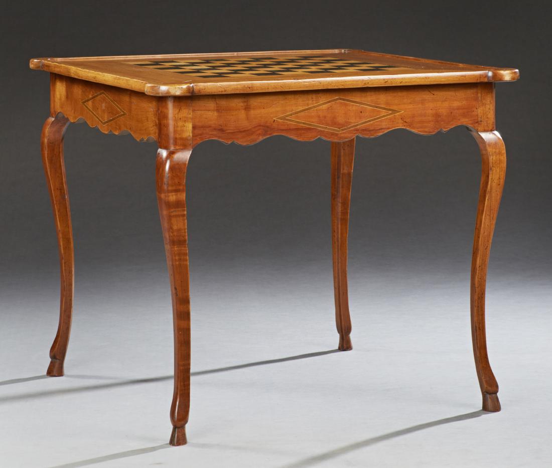 French Parquetry Inlaid Louis XV Style Cherry: French Parquetry Inlaid Louis XV Style Cherry Games Table, late 19th c., the inlaid cookie corner dished chess board top, reversing to an inset green baize lined playing surface, on cabriole legs with