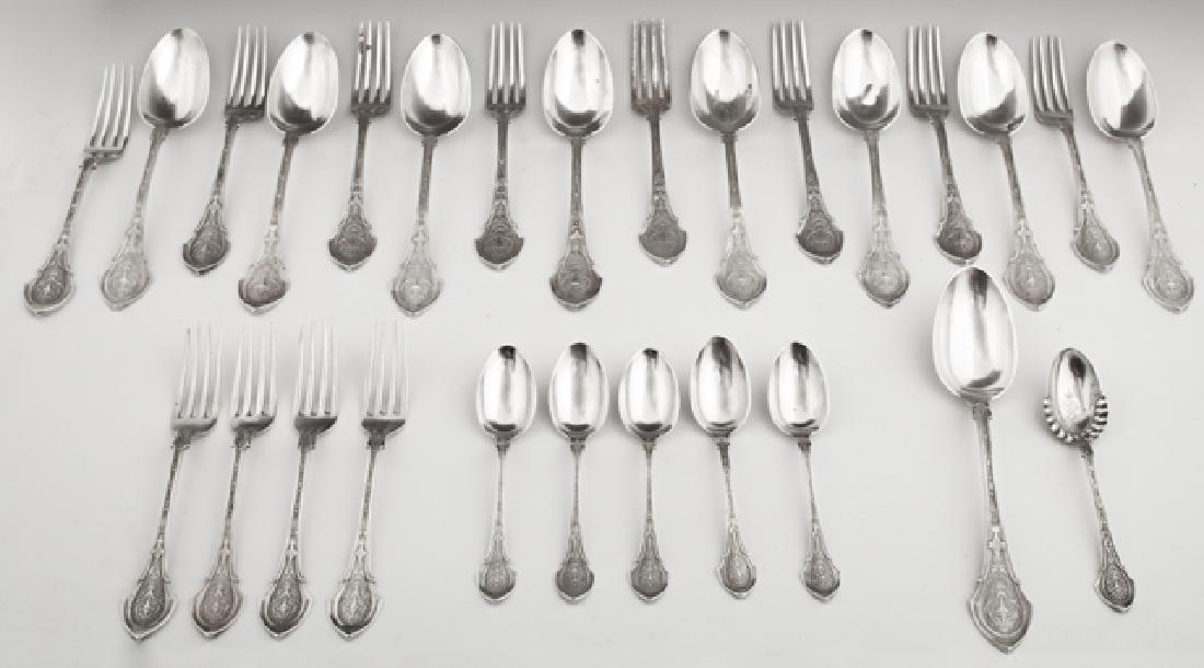 Twenty-Eight Piece Set of Sterling Flatware, c.: Twenty-Eight Piece Set of Sterling Flatware, c. 1875, by Wood and Hughes in the "Angelo" pattern, retailed by A. B. Griswold, New Orleans, consisting of 8 dinner forks, 4 luncheon forks, 5 teaspoons, 