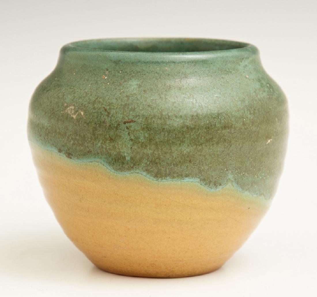 Newcomb College Art Pottery High Glaze Baluster: Newcomb College Art Pottery High Glaze Baluster Vase, early 20th c., in green and yellow glaze, thrown by Joseph Meyer, the underside with "NC and JM," and an obscured mark, H.- 3 1/4 in., Dia.- 3 1/2