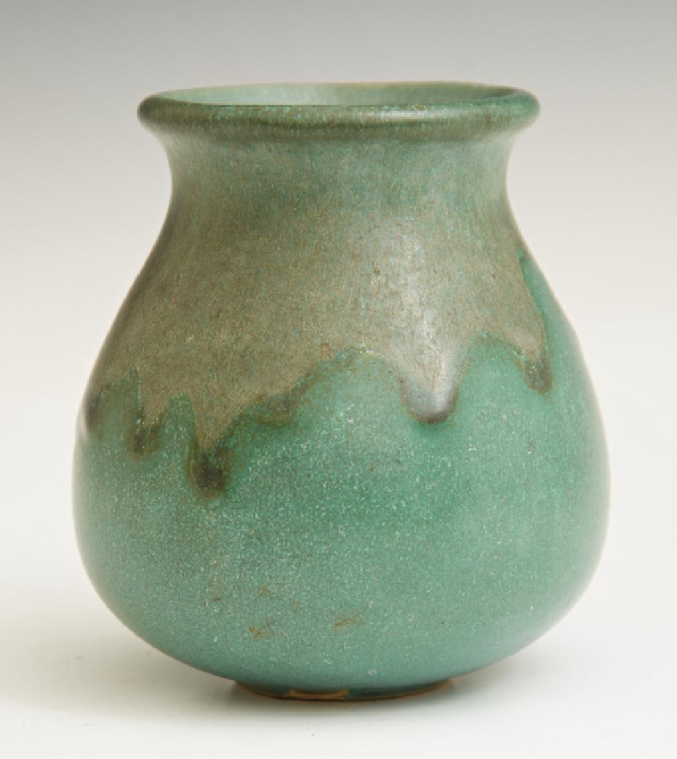 Newcomb Style Art Pottery Baluster Vase, early: Newcomb Style Art Pottery Baluster Vase, early 20th c., with drip glaze decoration, the underside impressed "Mrs. L. Aston, New Orleans," H.- 4 in., Dia.- 3 1/4 in.