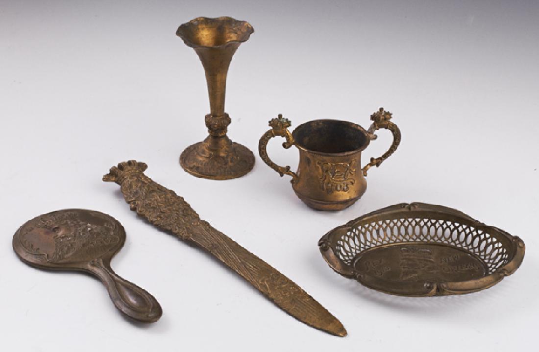 Mardi Gras- Group of Five Mardi Gras Favors, Rex,: Mardi Gras- Group of Five Mardi Gras Favors, Rex, consisting of a gilt metal loving cup, 1903; a gilt metal bud vase, 1905; a gilt metal hand mirror, 1912; a gilt metal letter knife, 1910; and a gilt