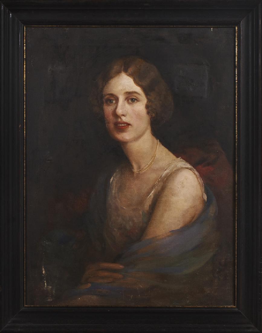 English School, "Portrait of a Woman with a Gold: English School, "Portrait of a Woman with a Gold Necklace," 1926, oil on canvas, signed in monogram "EVD," and dated lower right, presented in a dark wood frame, H.- 24 1/2 in., W.- 18 1/2 in.