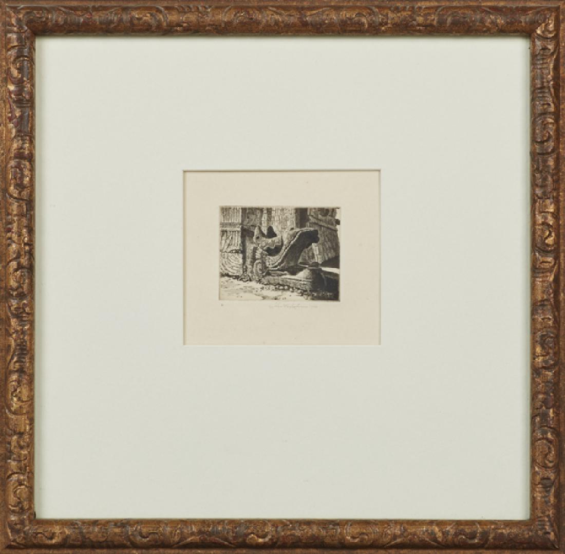 John Taylor Adams (1887-1953, American), "Plumed: John Taylor Adams (1887-1953, American), "Plumed Serpent, Chichen Itza," 1940, etching, pencil signed lower right margin, presented in a gilt relief frame, H.- 3 1/2 in., W.- 4 in.