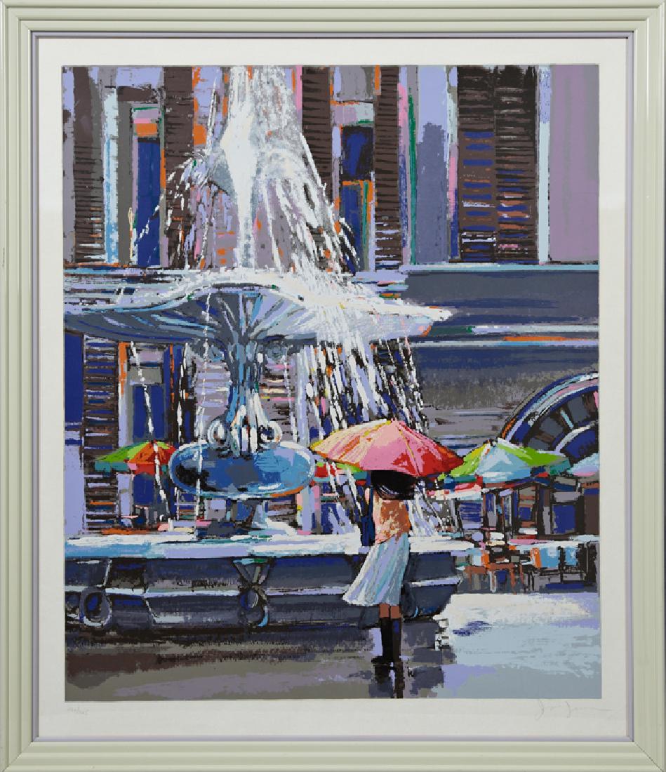 James Groody, "Fountain of Trevi," 20th c., print,: James Groody, "Fountain of Trevi," 20th c., print, 232/325, pencil numbered lower left margin, pencil signed lower right margin, presented in a polychromed frame, H.- 41 1/2 in., W.- 35 1/8 in.