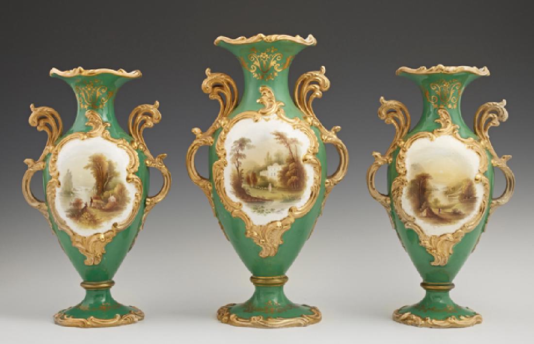 Three Piece Spode Porcelain Baluster Garniture Vases,: Three Piece Spode Porcelain Baluster Garniture Vases, early 19th c., with gilt decoration on an apple green ground, one side with Hand painted floral reserves, the other with hand painted landscape re