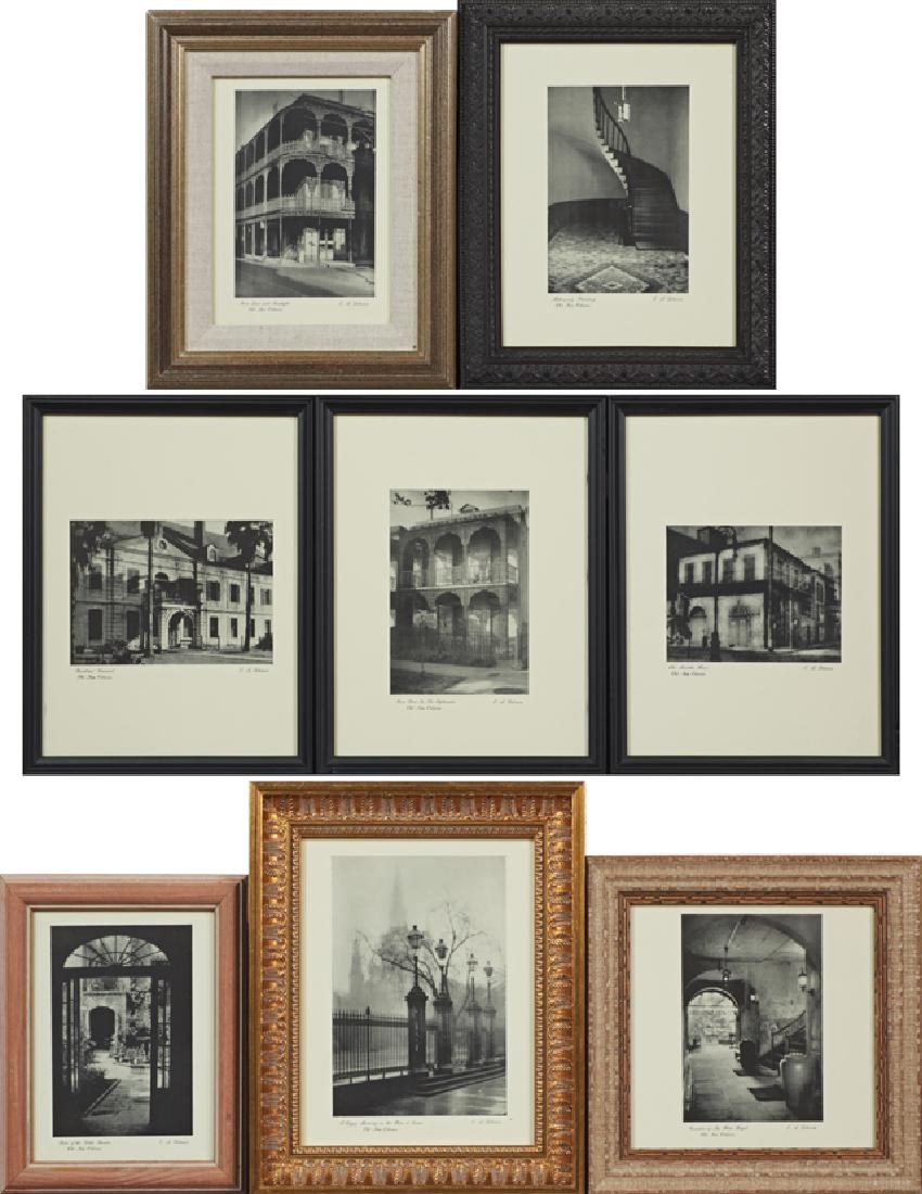 Eugene A. Delacroix (1892-1967), Group of Eight Prints,: Eugene A. Delacroix (1892-1967), Group of Eight Prints, late 20th c., consisting of "Mahogany Stairway," "A Foggy Morning in the Place D'Armes," "Old Absinthe House," "Iron Lace in the Esplanade," "Co
