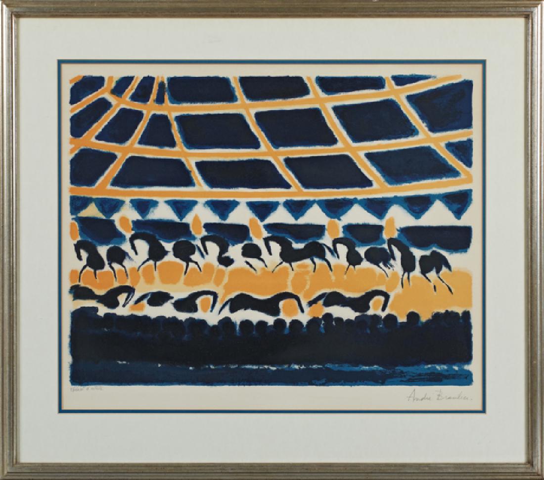 Andre Brasilier (1929, French), "Au Cirque," color: Andre Brasilier (1929, French), "Au Cirque," color lithograph, pencil signed lower right margin, pencil marked artist proof lower left margin, "Summa Gallery of Brooklyn Heights Gallery" label on back