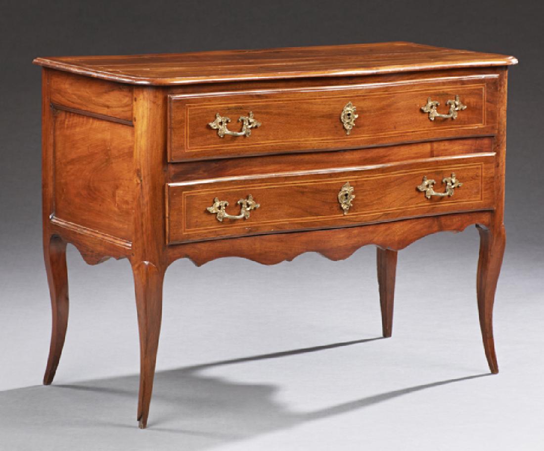 French Louis XV Style Inlaid Mahogany Commode, late: French Louis XV Style Inlaid Mahogany Commode, late 19th c., the inlaid bowed top with rounded corners above two inlaid long drawers, over a serpentine skirt, on splayed legs, H.- 28 1/2 in., W.- 39 i
