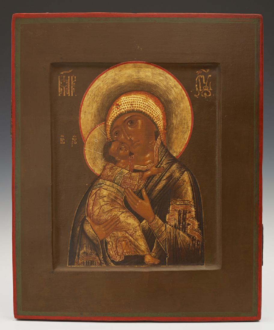 Russian Icon of the Virgin of Vladimir, 18th c., egg: Russian Icon of the Virgin of Vladimir, 18th c., egg tempera and gilt on curved wooden panel, H.- 12 7/8 in., W.- 10 1/2 in.