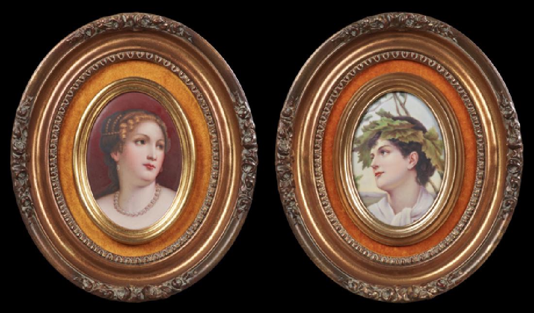 Two German Porcelain Plaques, c. 1900, one of a maiden: Two German Porcelain Plaques, c. 1900, one of a maiden wearing pearls; the second after Alfred Seifert (1850-1901, German), "Under the Vines," titled verso, presented in matching gilt and gesso frames