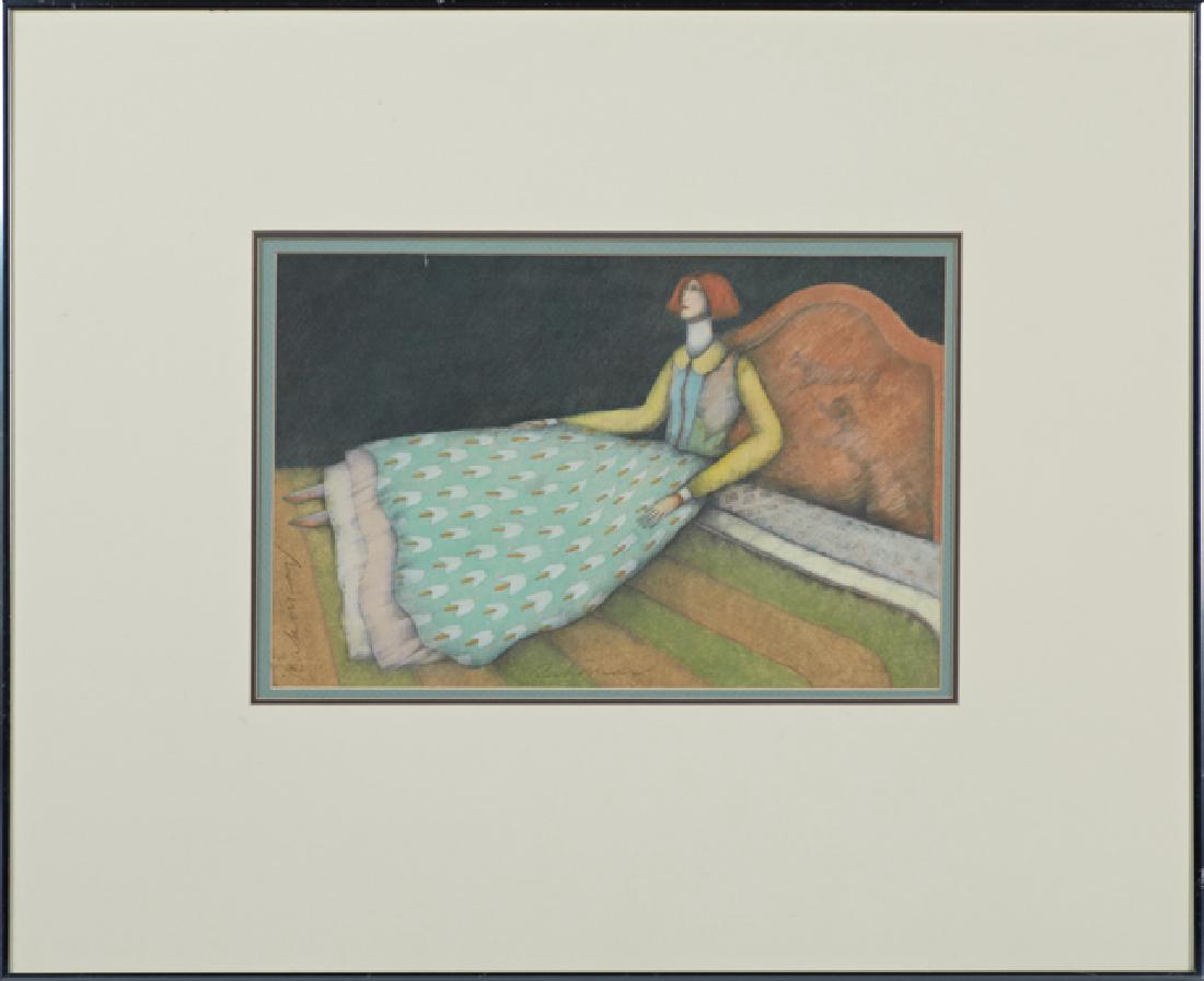 Rahoman, "Portrait of a Reclining Red Headed Woman in a: Rahoman, "Portrait of a Reclining Red Headed Woman in a Colorful Dress on a Bed," 20th c., pencil signed left side and lower left bottom, framed, H.- 10 3/4 in., W.- 16 3/4 in.
