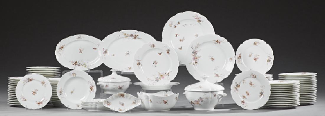 One Hundred Eight Piece Set of French Porcelain: One Hundred Eight Piece Set of French Porcelain Dinnerware, 19th c., by Alfred Hache & Co., with hand painted floral and butterfly decoration, consisting of 47 dinner plates, 36 luncheon plates, 12 so