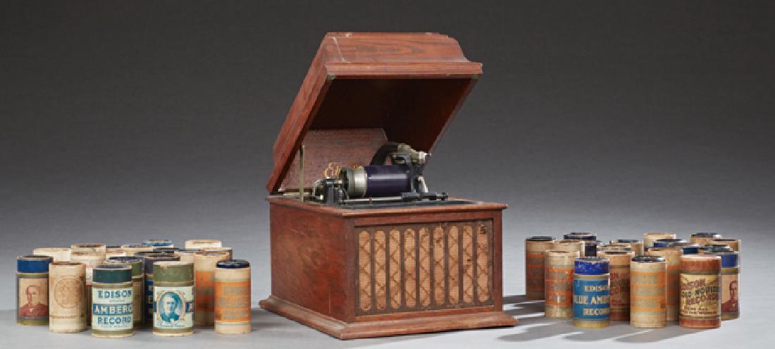 Edison Carved Oak Amberola Table Top Phonograph, early: Edison Carved Oak Amberola Table Top Phonograph, early 20th c., together with 77 wax cylinders and crank, working, H.- 12 3/4 in., W.- 12 1/2 in., D.- 16 in.