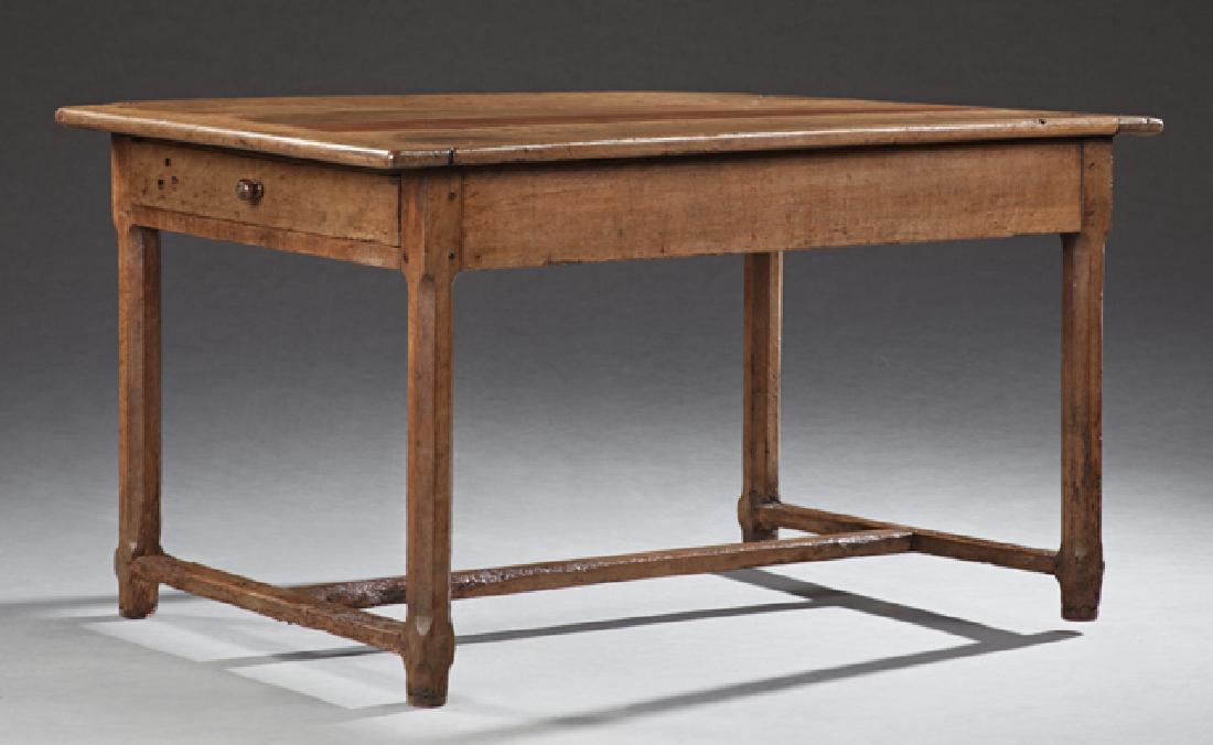French Provincial Carved Walnut Farmhouse Table, 19th: French Provincial Carved Walnut Farmhouse Table, 19th c., the rectangular top over one end drawer, on chamfered legs joined by an H-form stretcher, H.- 29 1/2 in., W.- 54 in., D.- 34 1/4 in.