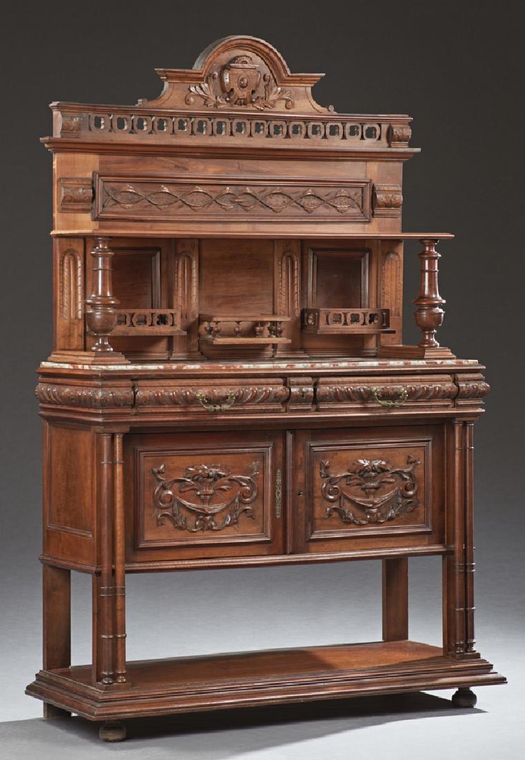 French Henri II Style Carved Walnut Marble Top Server,: French Henri II Style Carved Walnut Marble Top Server, 19th c., with an arched stepped crown over a pierced gallery above a shelf on turned tapered supports, flanking a back with three spindled plate