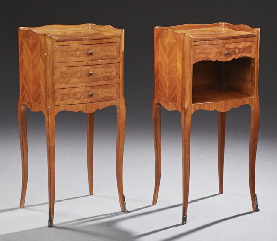 Pair of Louis XV Style Carved Mahogany Marquetry Inlaid: Pair of Louis XV Style Carved Mahogany Marquetry Inlaid Nightstands, 20th c., the serpentine three quarter gallery above a serpentine frieze drawer and open shelf, on cabriole legs, H.- 29 1/4 in., W.