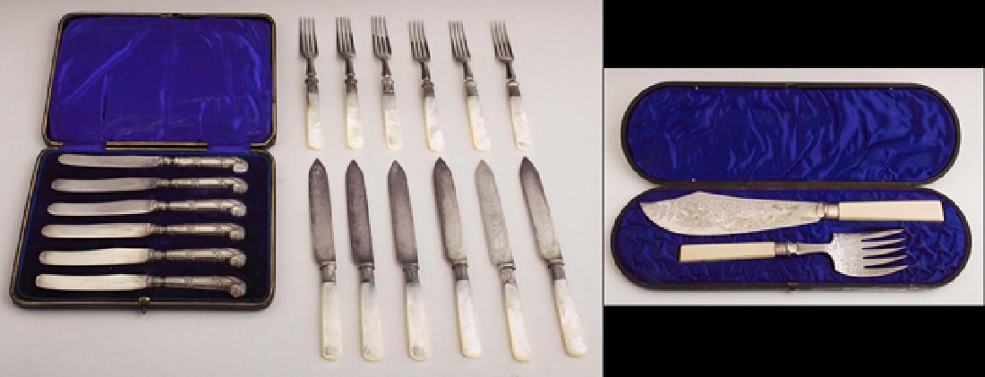 Group of Nineteen Pieces of English Flatware,: Group of Nineteen Pieces of English Flatware, consisting of a cased set of six sterling handle butter knives, Sheffield 1904; eleven piece mother of pearl handle dessert set consisting of six knives a