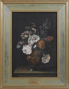 In the Manner of Rachel Ruysch (1664-1750, Dutch) ,: In the Manner of Rachel Ruysch (1664-1750, Dutch) , "Still Life of Flowers in a Brown Vase,", watercolor, unsigned, presented in a silvered frame, H.- 15 7/8 in., W.- 10 7/8 in.