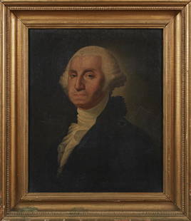 In the Manner of Edward Savage (1761-1817), "Portrait: In the Manner of Edward Savage (1761-1817), "Portrait of George Washington, late 18th/Early 19th c., oil on canvas, presented in a period wide gilt and gesso frame, H.- 25 in., W.- 20 in. Provenance: