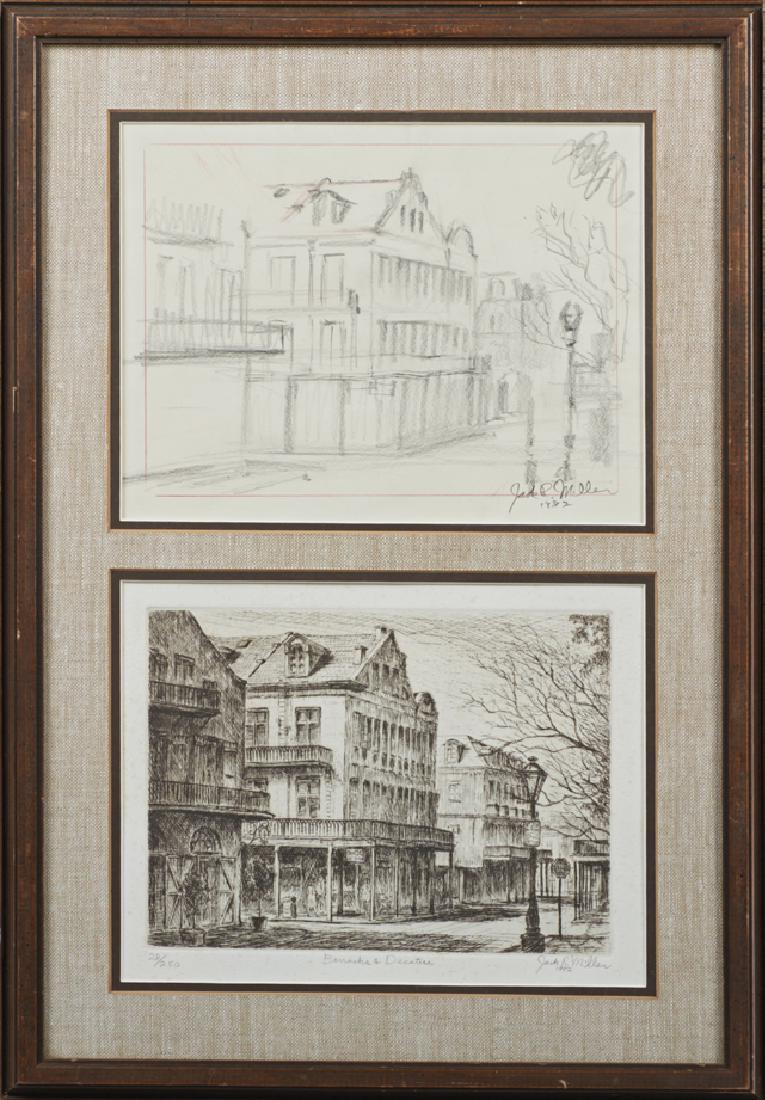 Jack R. Miller (1942-2014, New Orleans), "Barracks and: Jack R. Miller (1942-2014, New Orleans), "Barracks and Decatur," 1982, etching, 28/250, pencil numbered lower left margin, pencil titled lower center margin, pencil signed and dated lower right margin