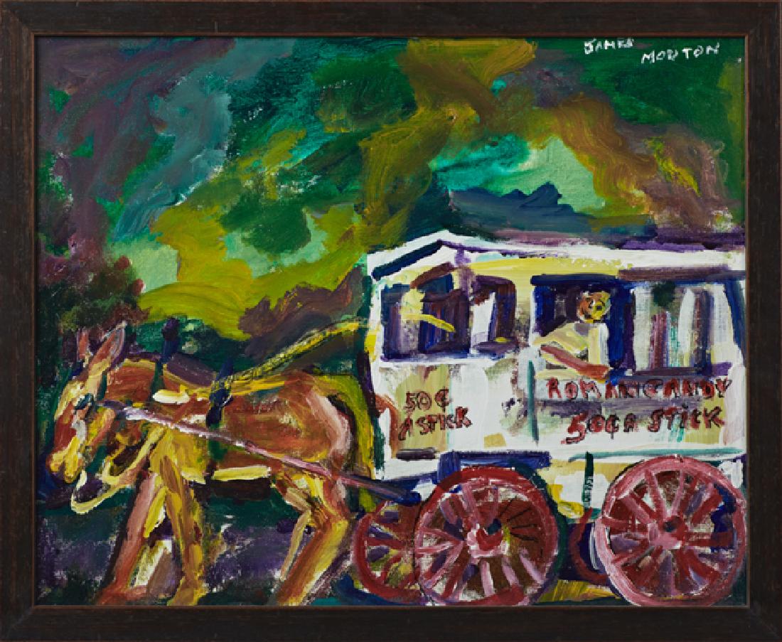 James Mouton (1925-2011, New Orleans), "The Roman Candy: James Mouton (1925-2011, New Orleans), "The Roman Candy Man," 20th c., oil on board, signed upper right, framed, H.- 15 5/8 in., W.- 19 1/2 in.