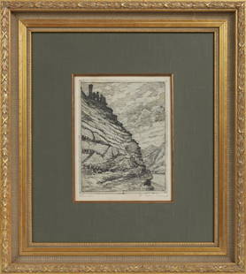 Ellsworth Woodward (1861-1939, New Orleans),: Ellsworth Woodward (1861-1939, New Orleans), â€œEhrenfels, Germanyâ€, etching, pencil titled lower left margin, pencil signed lower right margin, presented in a gilt frame, Provenance: The Coll